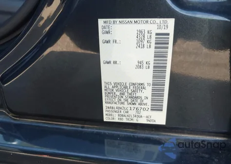 2020 Nissan Altima Sv Fwd from USA, damaged, VIN 1N4BL4DV2LC176702